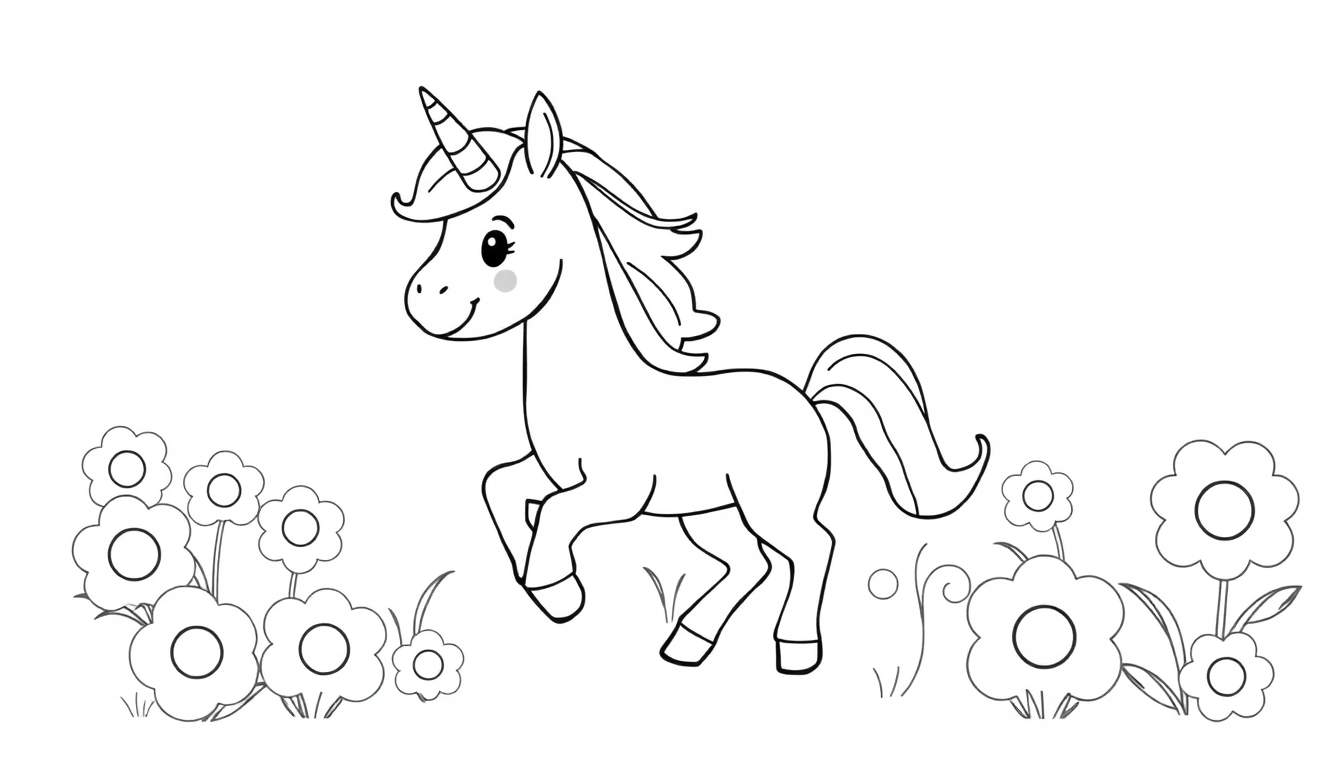 A black and white cartoon unicorn prancing in a field of flowers, ready for a color panel.