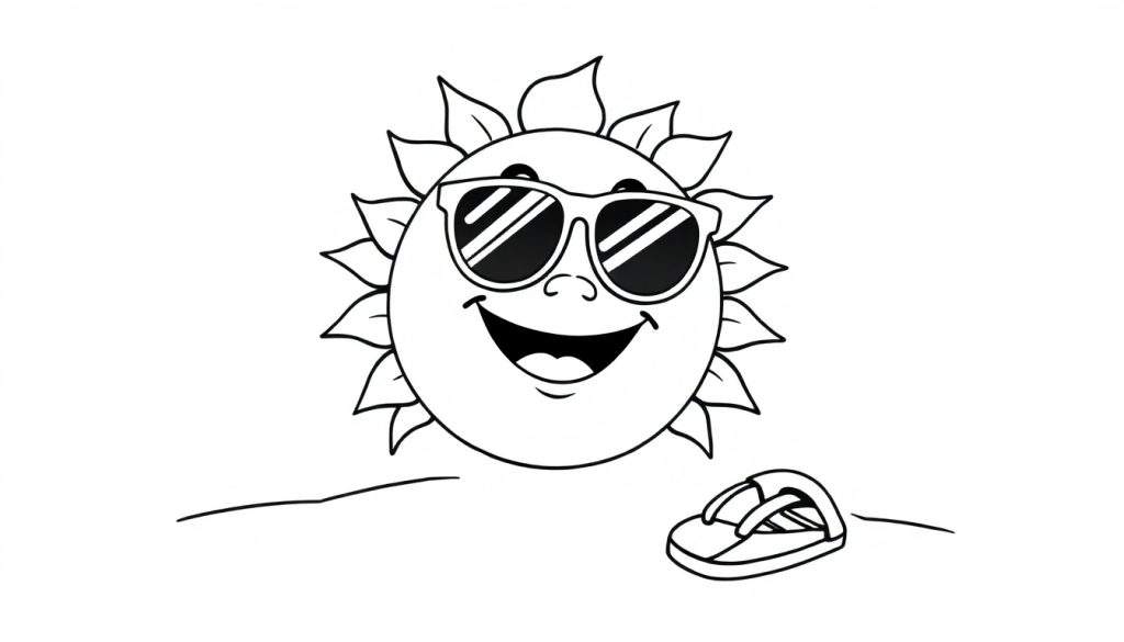 A black and white color panel of a happy cartoon sun wearing sunglasses on a beach with a flip flop.