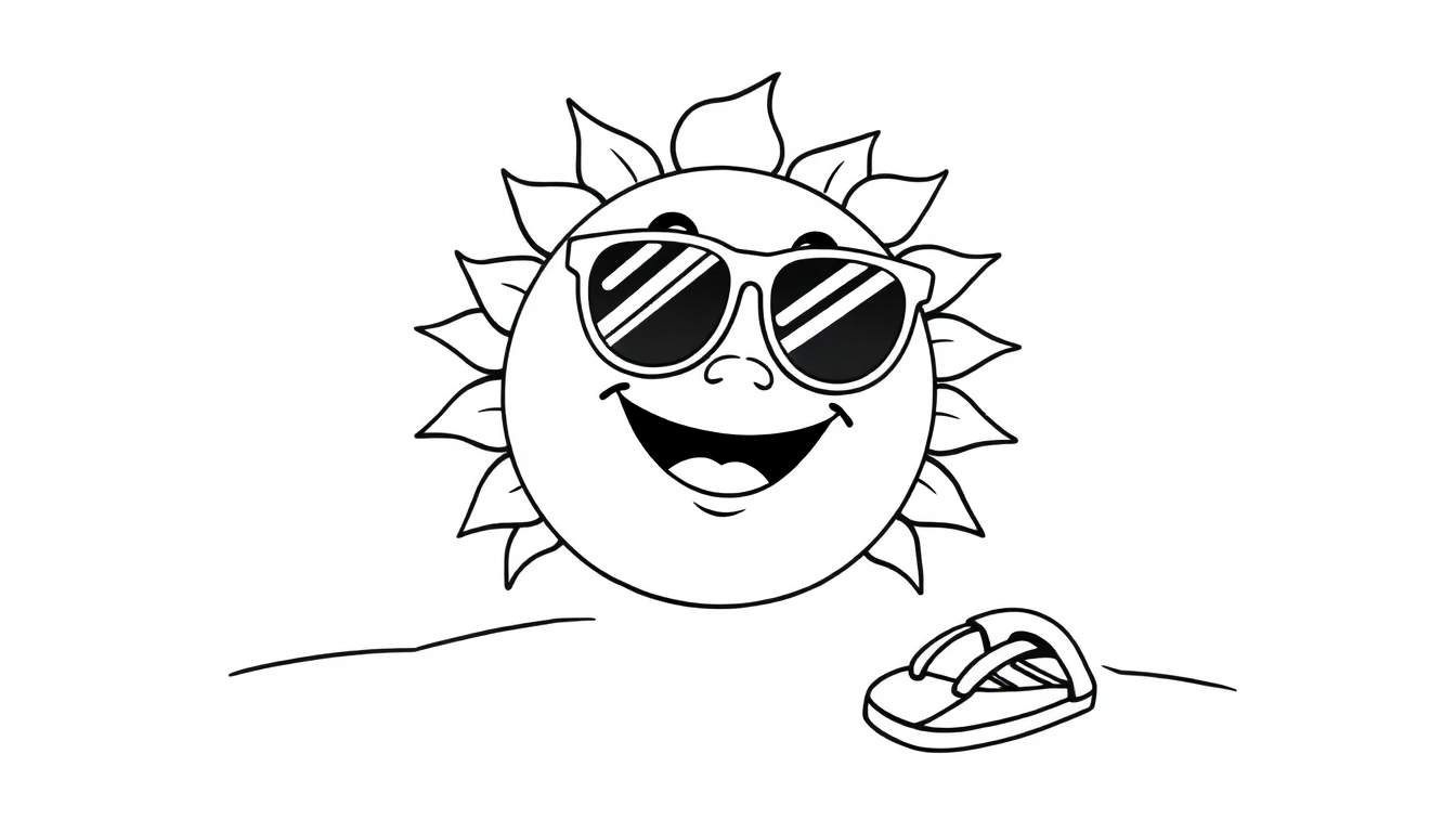 A black and white color panel of a happy cartoon sun wearing sunglasses on a beach with a flip flop.
