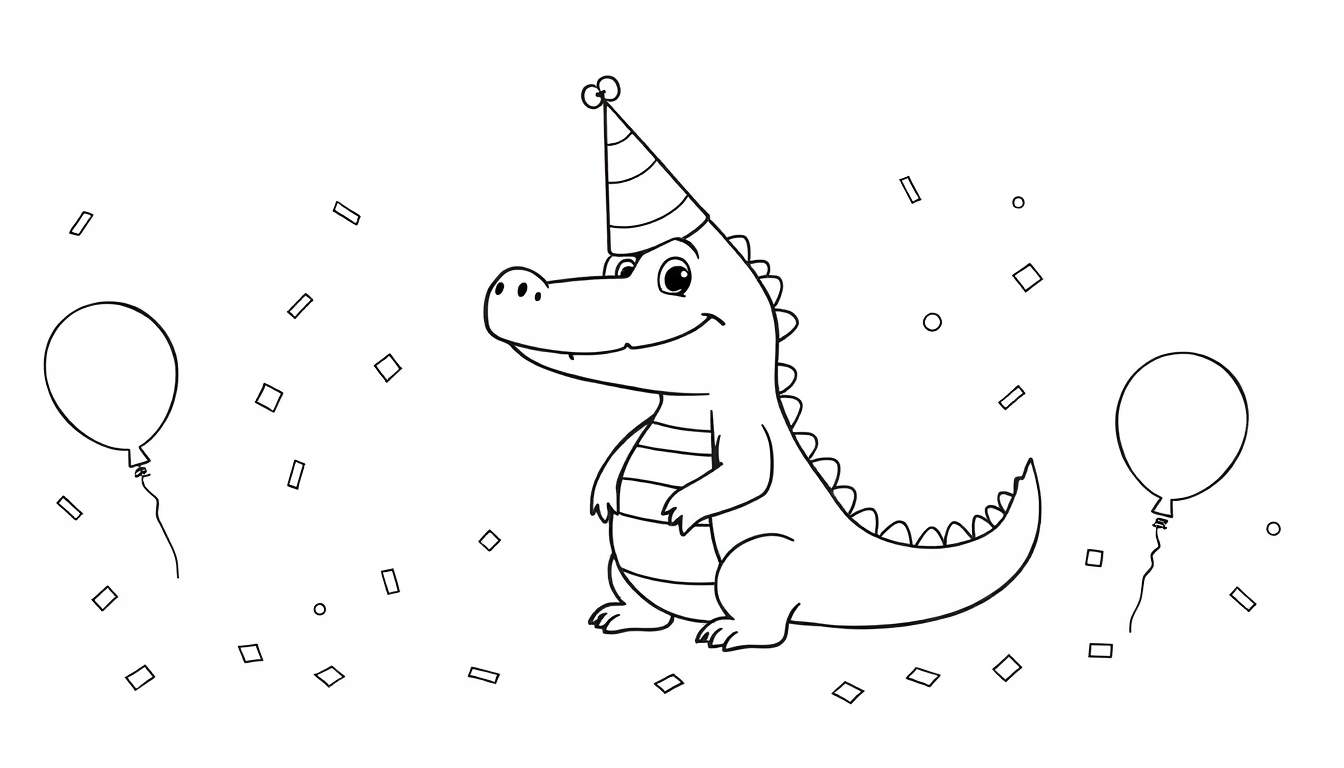 A smiling baby crocodile wearing a party hat stands upright, surrounded by balloons and confetti.