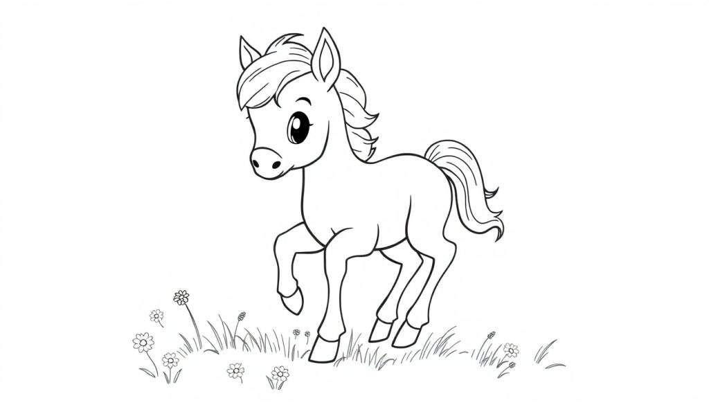 A cute black and white cartoon pony with big eyes in a grassy meadow, ready for a color panel.