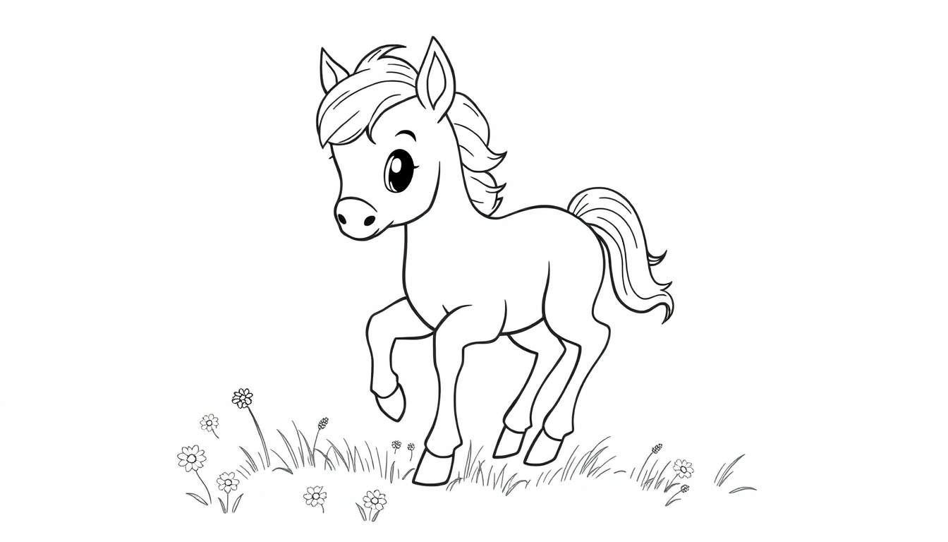 A cute black and white cartoon pony with big eyes in a grassy meadow, ready for a color panel.