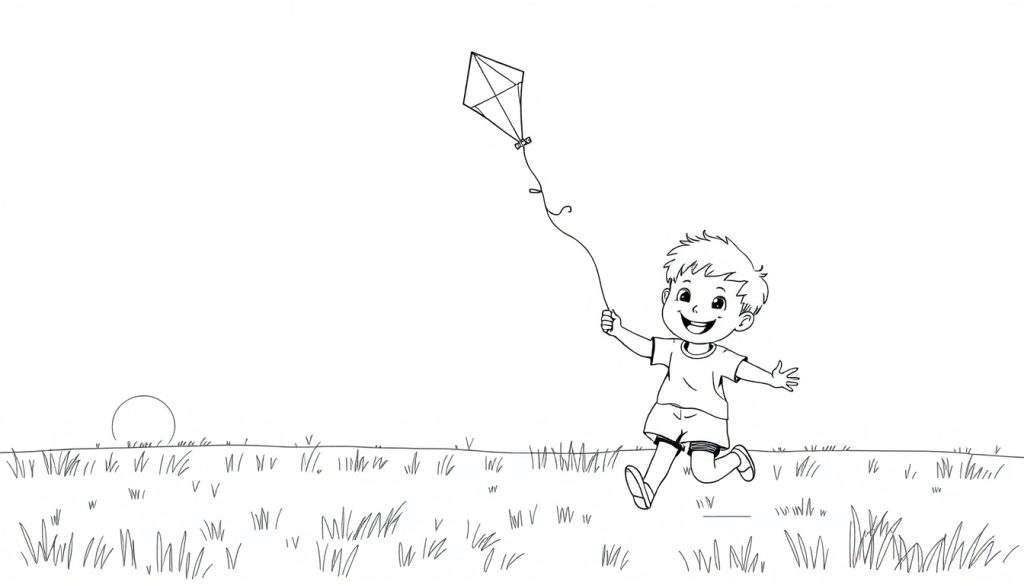 A black and white illustration of a happy boy flying a kite, with a sun or moon on the horizon, perfect for a color panel.