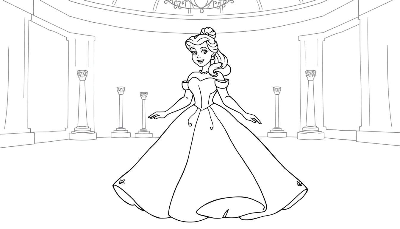 A black and white color panel of Belle in her yellow ballgown, arms outstretched in a ballroom.