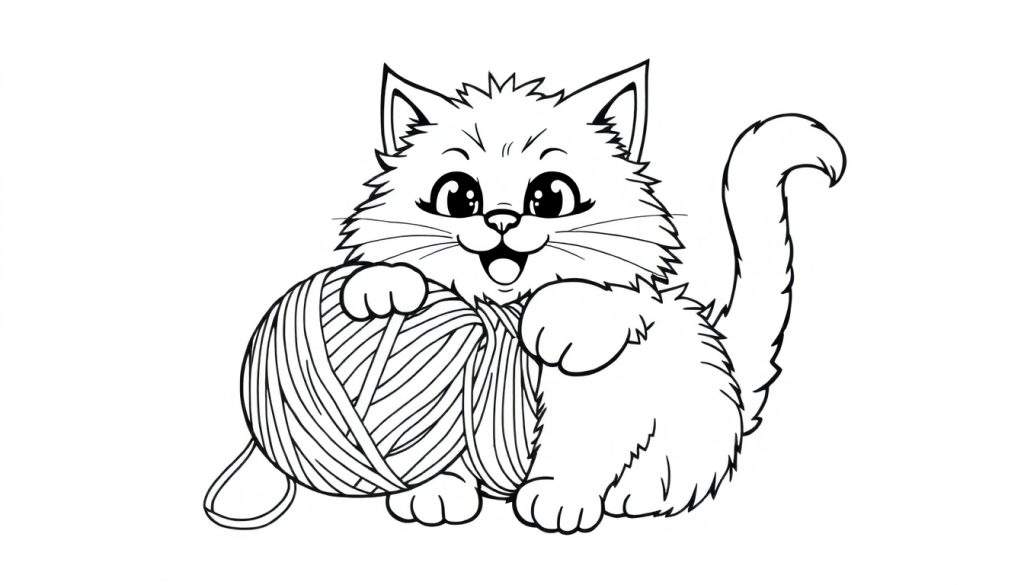 A happy cat playing with yarn, ready for coloring. This color panel shows a fluffy feline with big eyes and an open mouth, paws on a ball of yarn. Its tail is curled up.