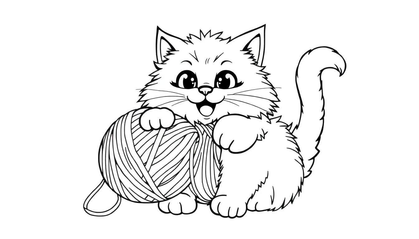 A happy cat playing with yarn, ready for coloring. This color panel shows a fluffy feline with big eyes and an open mouth, paws on a ball of yarn. Its tail is curled up.