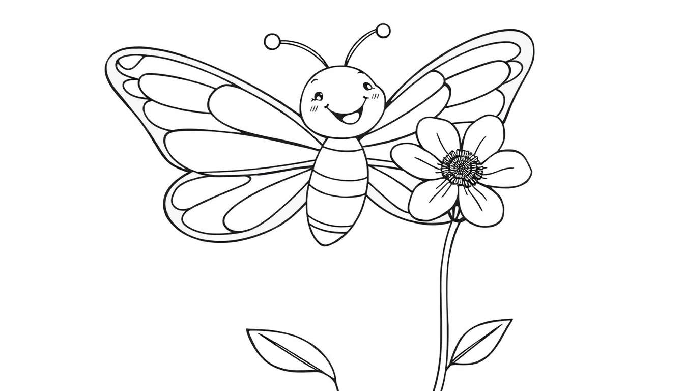 A friendly butterfly on a flower, a black and white color panel for coloring.
