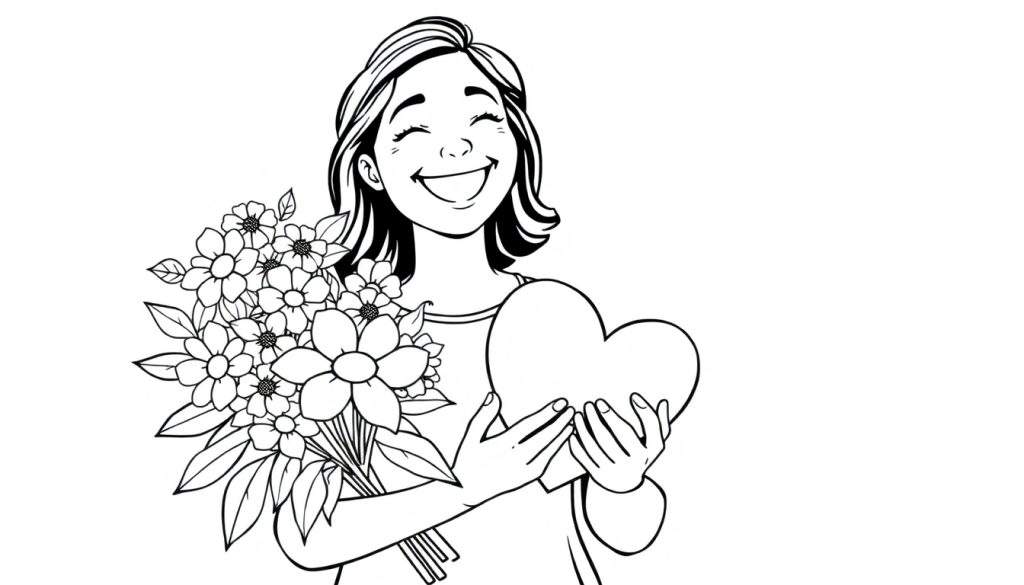 Black and white line art color panel of a smiling mom holding flowers and a heart for Mother's Day.