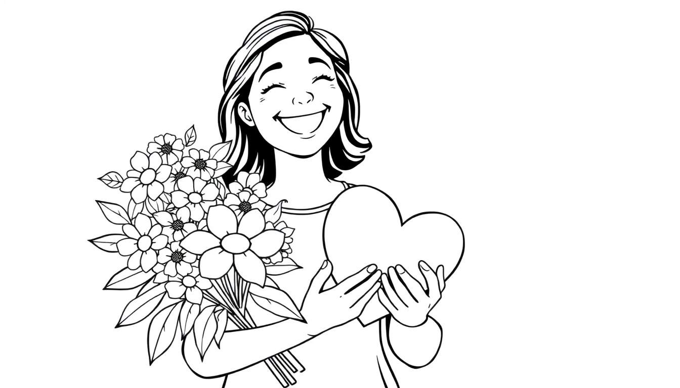 Black and white line art color panel of a smiling mom holding flowers and a heart for Mother's Day.