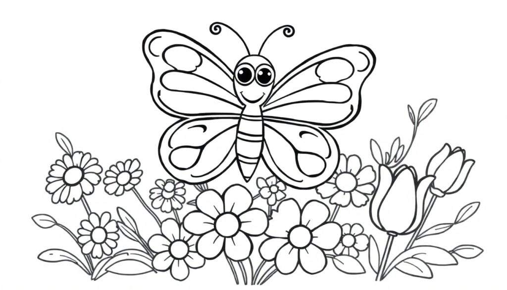A cute black and white butterfly coloring panel with large wings, a smiling face, and curly antennae hovering over flowers.