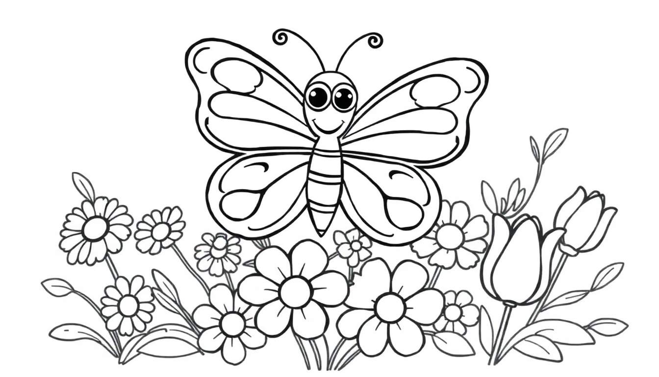 A cute black and white butterfly coloring panel with large wings, a smiling face, and curly antennae hovering over flowers.