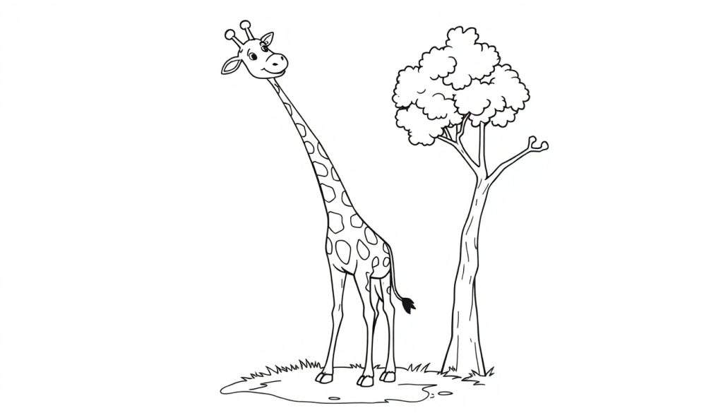 A friendly giraffe on a color panel reaching for leaves on a tree.