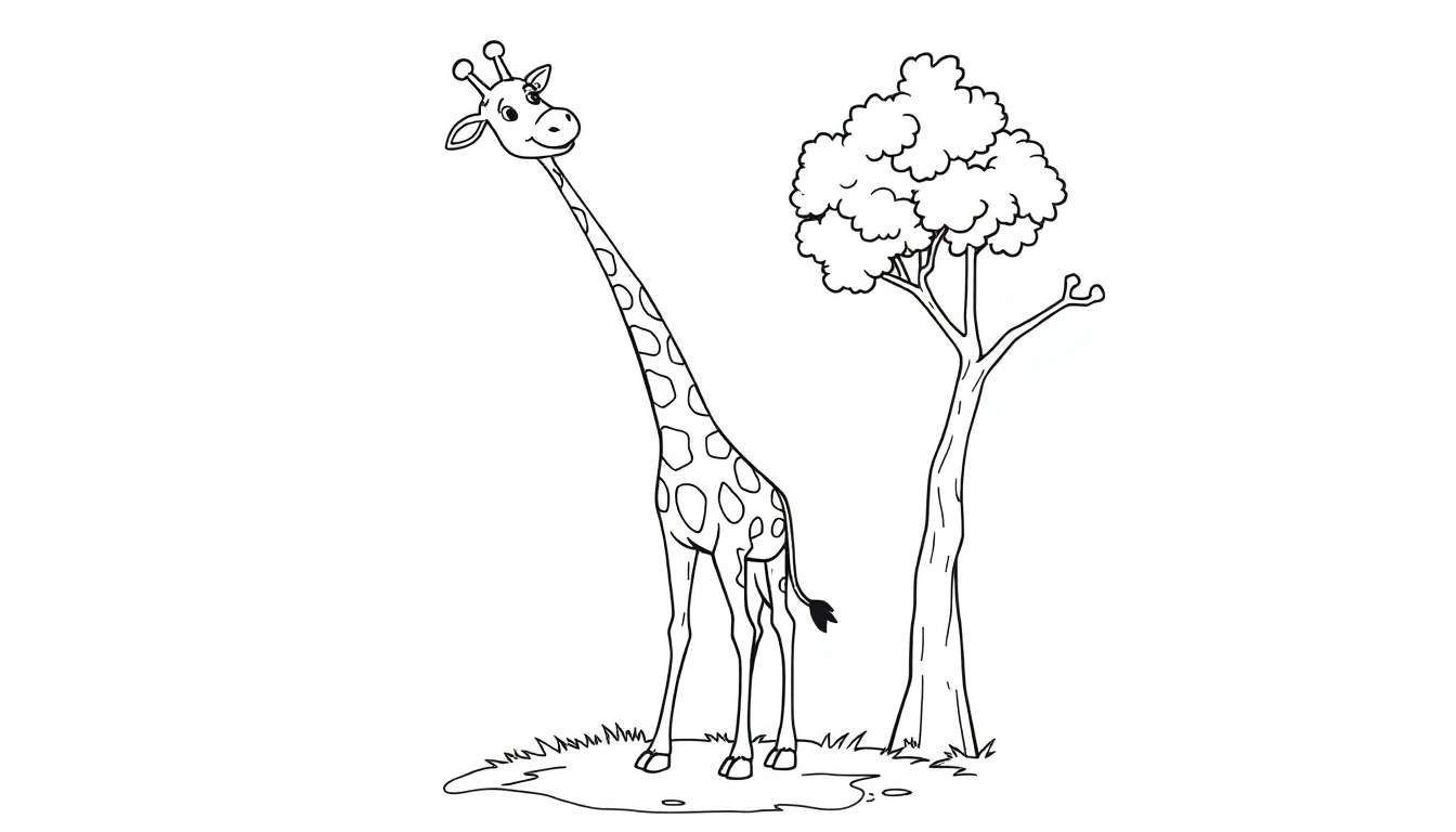 A friendly giraffe on a color panel reaching for leaves on a tree.