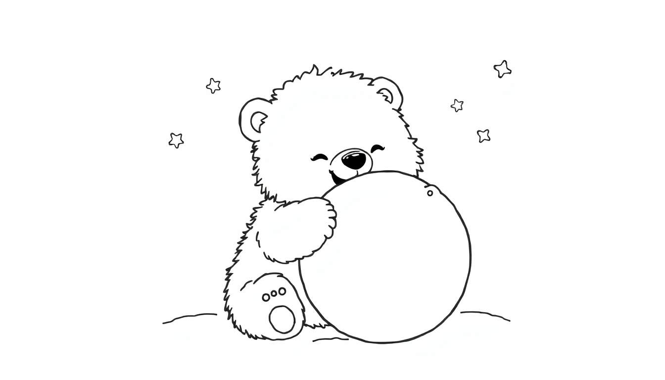 A cute, fluffy teddy bear sits and hugs a big ball, with three stars floating around.