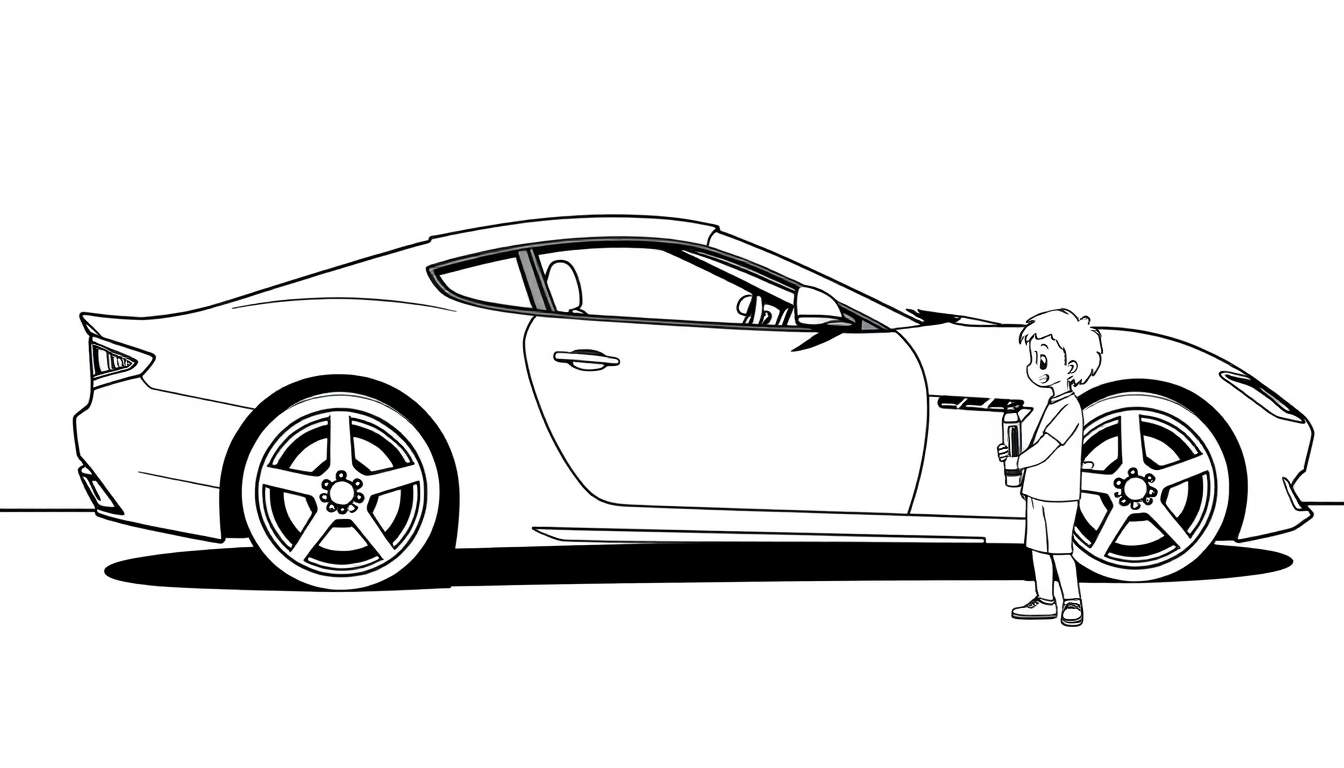 A boy with a spray bottle next to a sleek car outline, ready for the color panel fun.