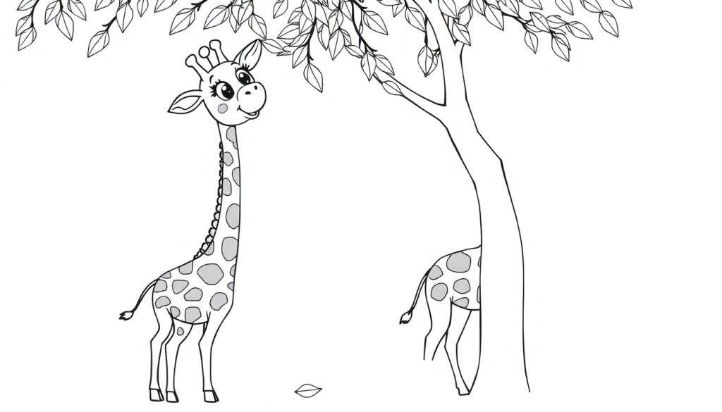 Black and white line drawing color panel of two giraffes and a tree, one in the foreground with long eyelashes and a patterned neck.