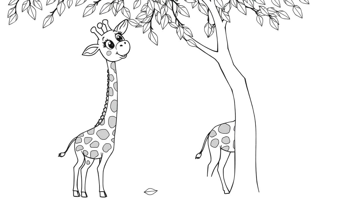 Black and white line drawing color panel of two giraffes and a tree, one in the foreground with long eyelashes and a patterned neck.