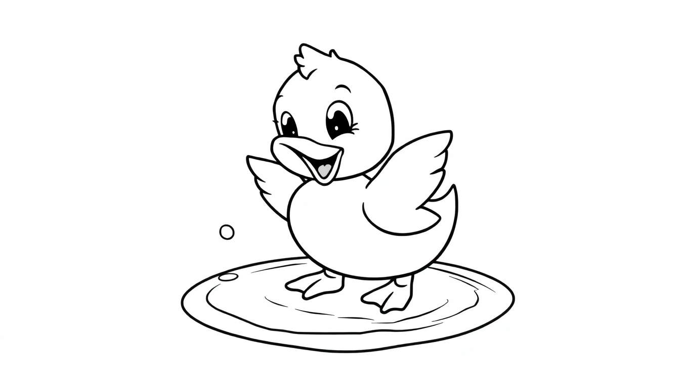A black and white cartoon duckling on a water color panel, ready to splash!