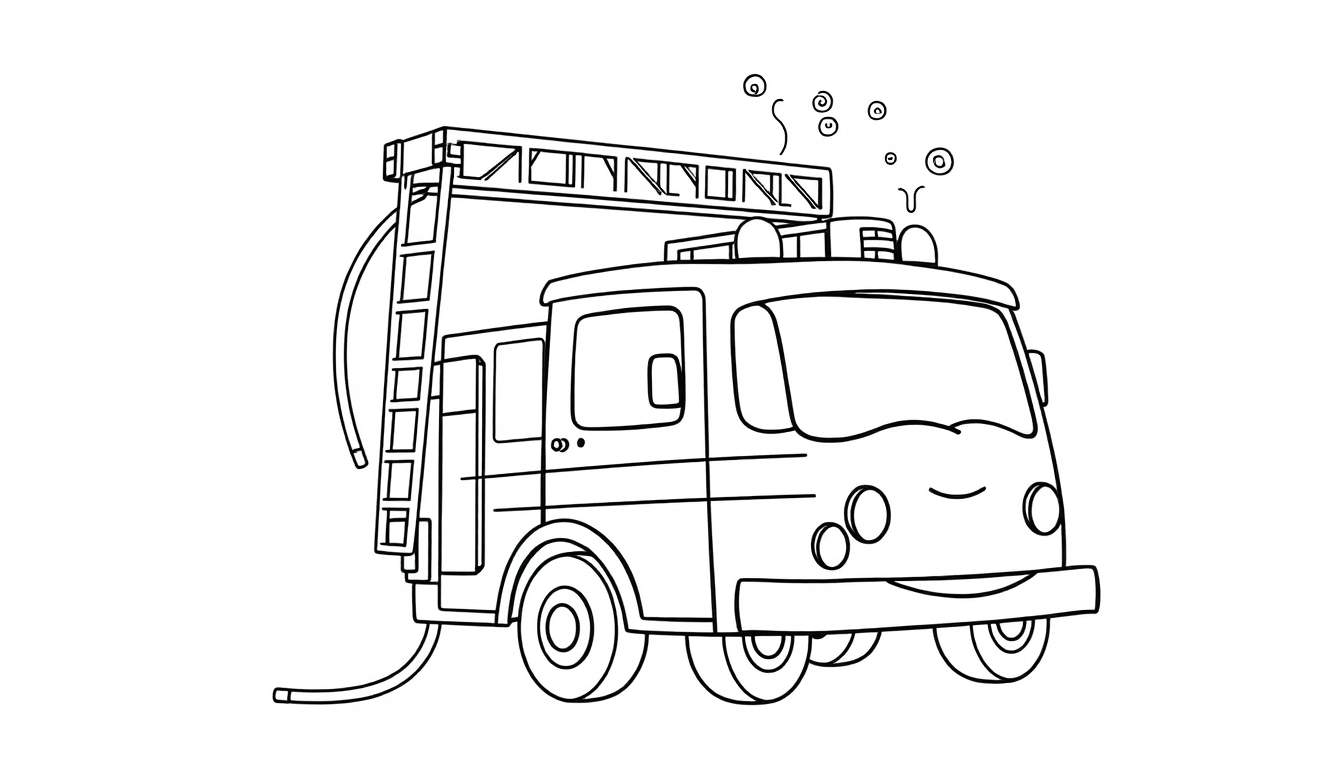 A cute cartoon fire engine with a ladder and hose, ready for action in a black and white color panel.
