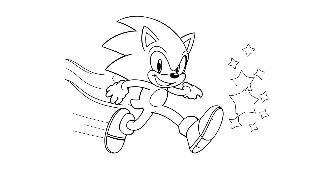 A black and white coloring page of Sonic the Hedgehog running super fast, leaving a trail of stars. This color panel shows Sonic smiling with his iconic quills.