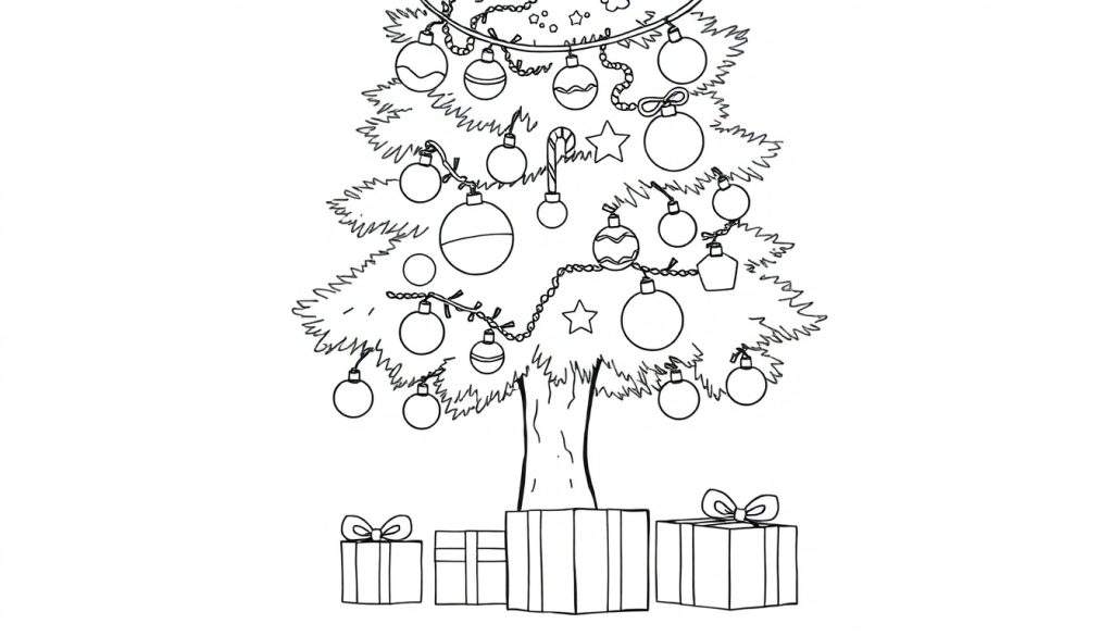 A friendly black and white Christmas tree illustration for a color panel, with scraggly branches, ornaments, lights, and gifts below, ready for coloring.