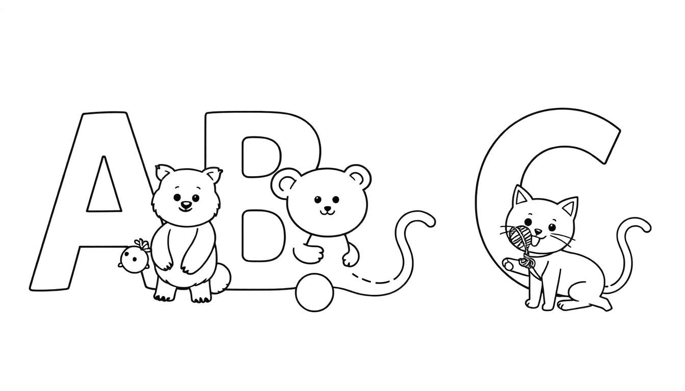 A black and white line art color panel showing letters A, B, and C with cartoon animals.