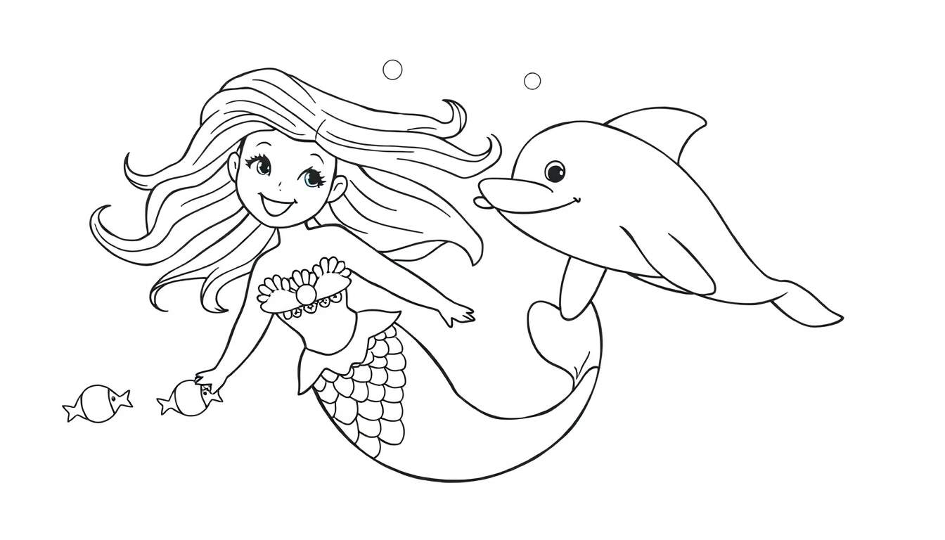 A black and white outline of a mermaid holding a fish, with a dolphin nearby, ready for coloring. This color panel is perfect for underwater adventures.