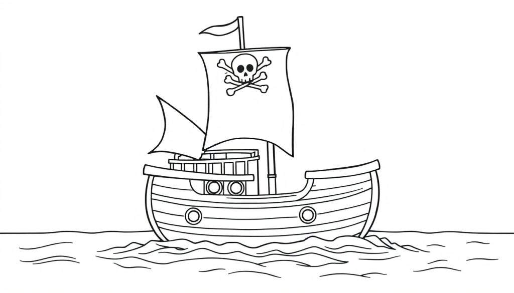 A friendly pirate ship with a skull and crossbones on its sail is sailing on wavy water, a black and white coloring panel.