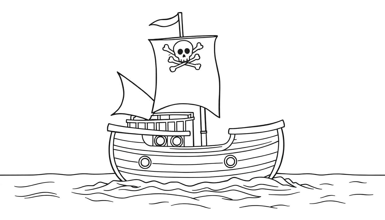 A friendly pirate ship with a skull and crossbones on its sail is sailing on wavy water, a black and white coloring panel.