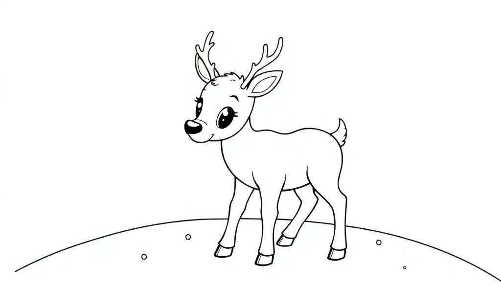 A cute baby reindeer in black and white line art, ready for coloring fun on a color panel.