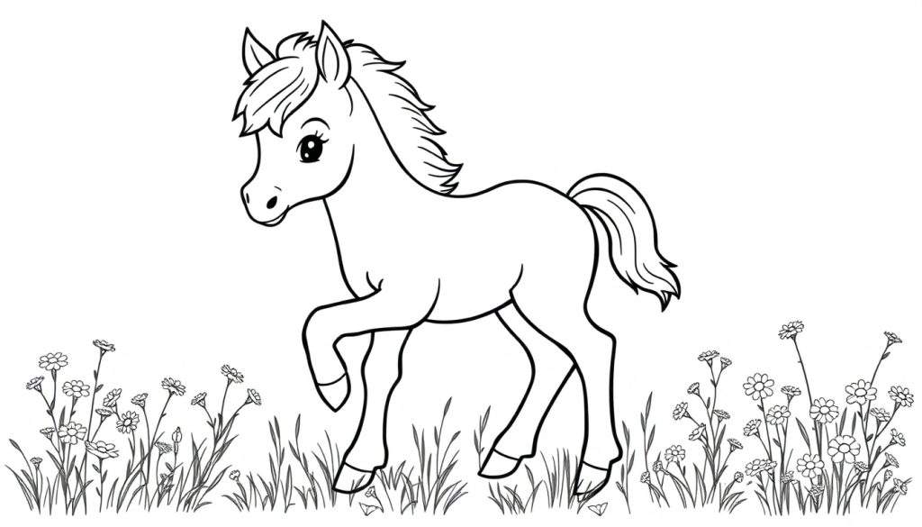 A black and white drawing of a baby horse, a foal, with a fluffy mane and tail, standing in a field of daisies, presented as a color panel.