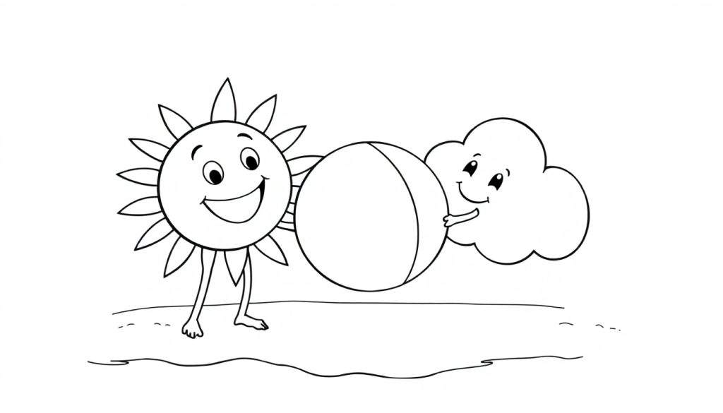 A black and white color panel showing a happy sun and a cloud playing with a beach ball on a sunny beach.