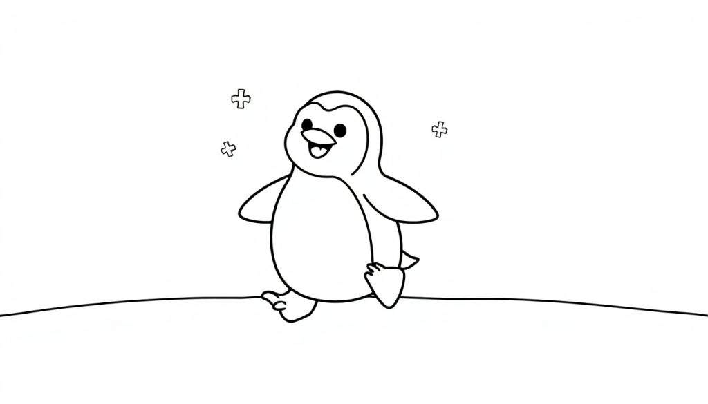 A black and white cartoon of a happy penguin waddling, ready for coloring in this color panel.