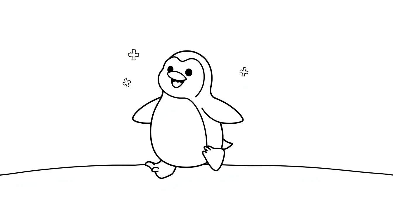 A black and white cartoon of a happy penguin waddling, ready for coloring in this color panel.