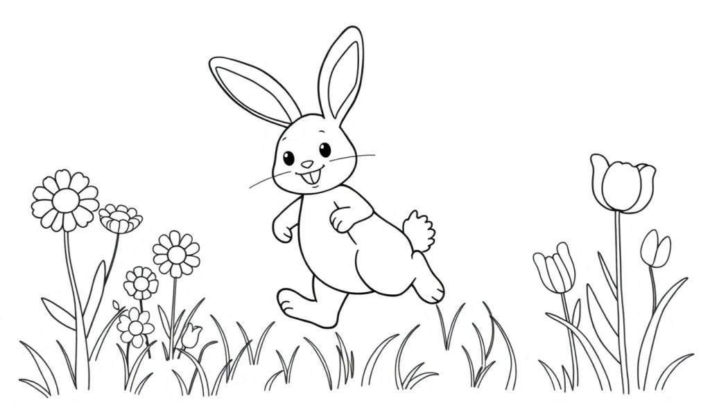 A black and white coloring panel of Bing the bunny joyfully jumping through a field of flowers.