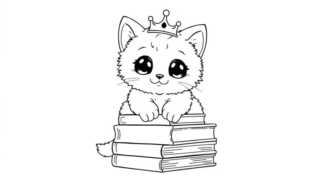 A cute black and white kitten wearing a tiny crown sits on a stack of books, a darling coloring panel.