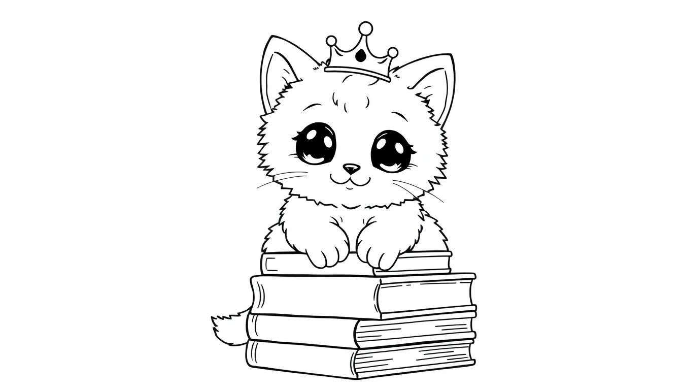 A cute black and white kitten wearing a tiny crown sits on a stack of books, a darling coloring panel.