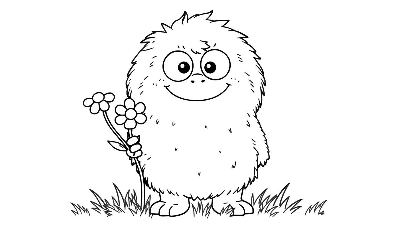 A friendly cartoon monster in a black and white color panel, smiling and holding a flower.