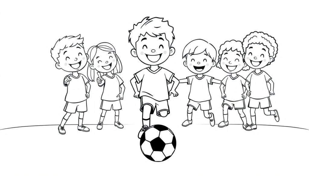 A black and white color panel showing six happy children playing soccer, one kicking the ball.