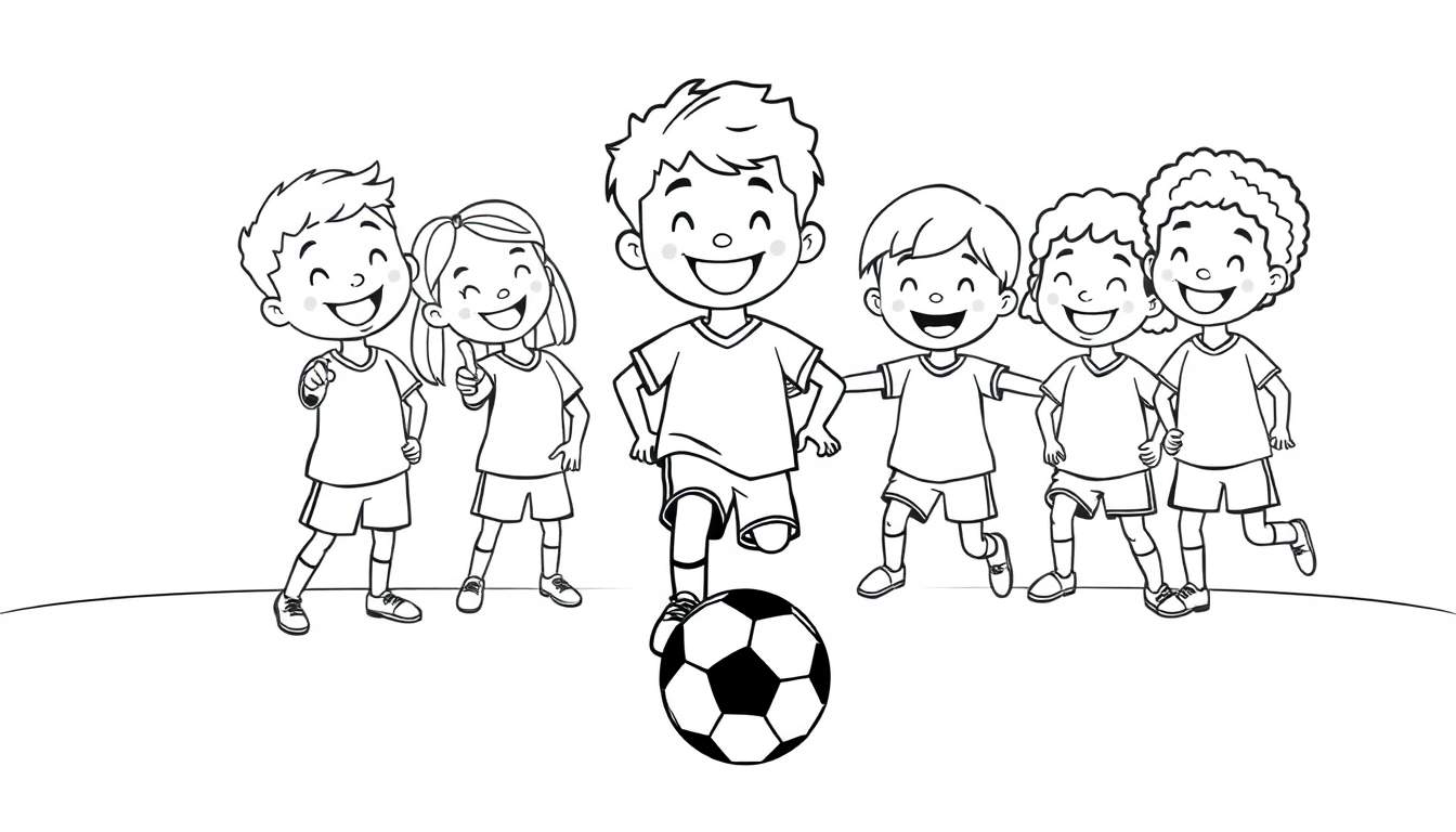 A black and white color panel showing six happy children playing soccer, one kicking the ball.