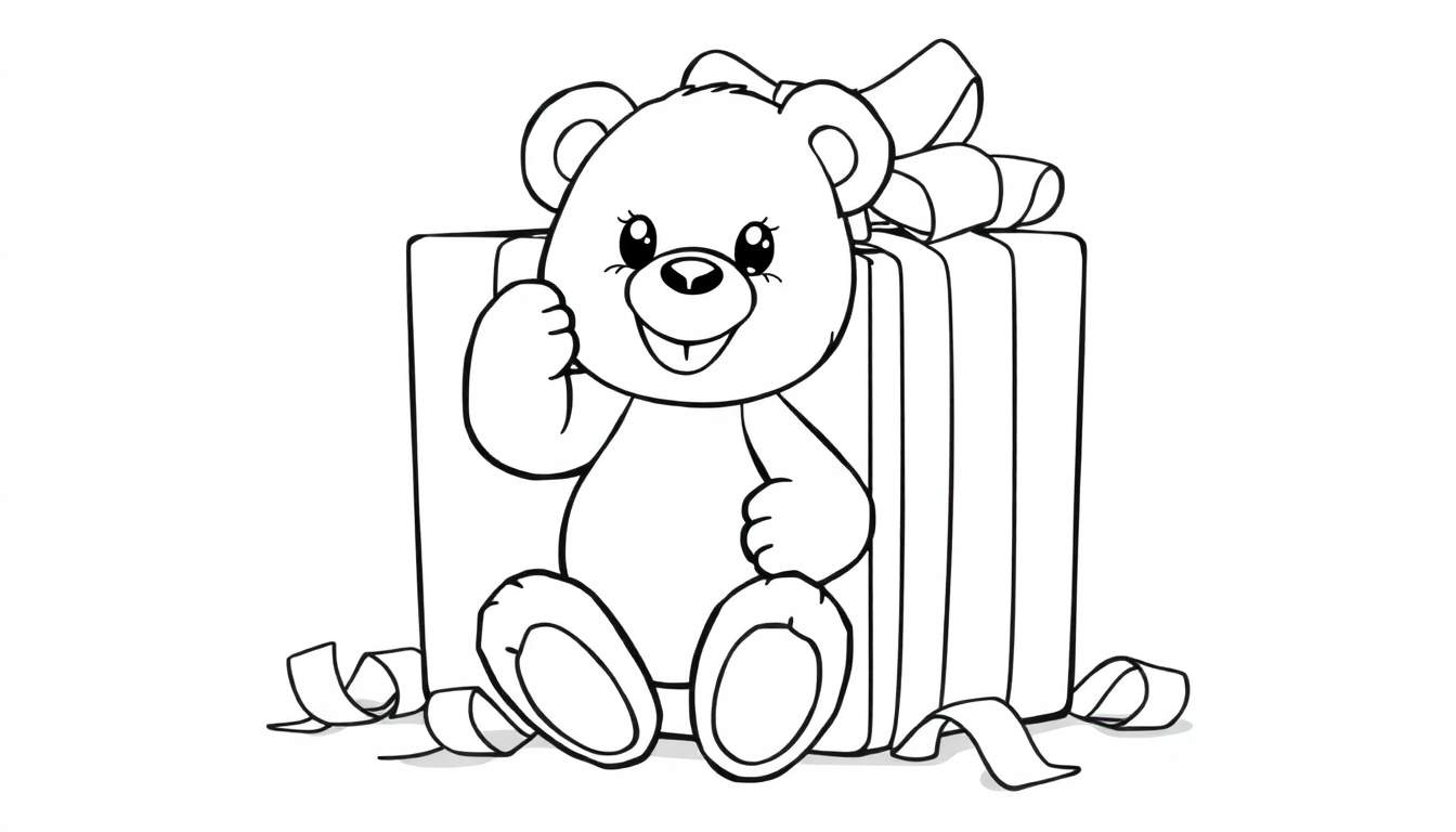 A cute teddy bear pops out of a gift box with scattered ribbons, ready for coloring! This color panel is a fun activity for kids.