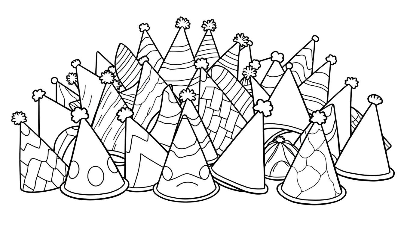 A black and white color panel showing many different party hats, ready for coloring.
