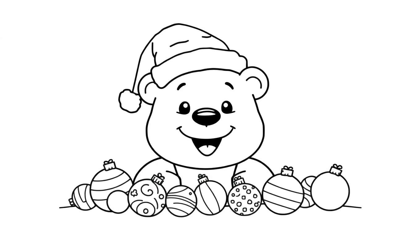 A cute bear in a Santa hat on a coloring panel, with Christmas ornaments.