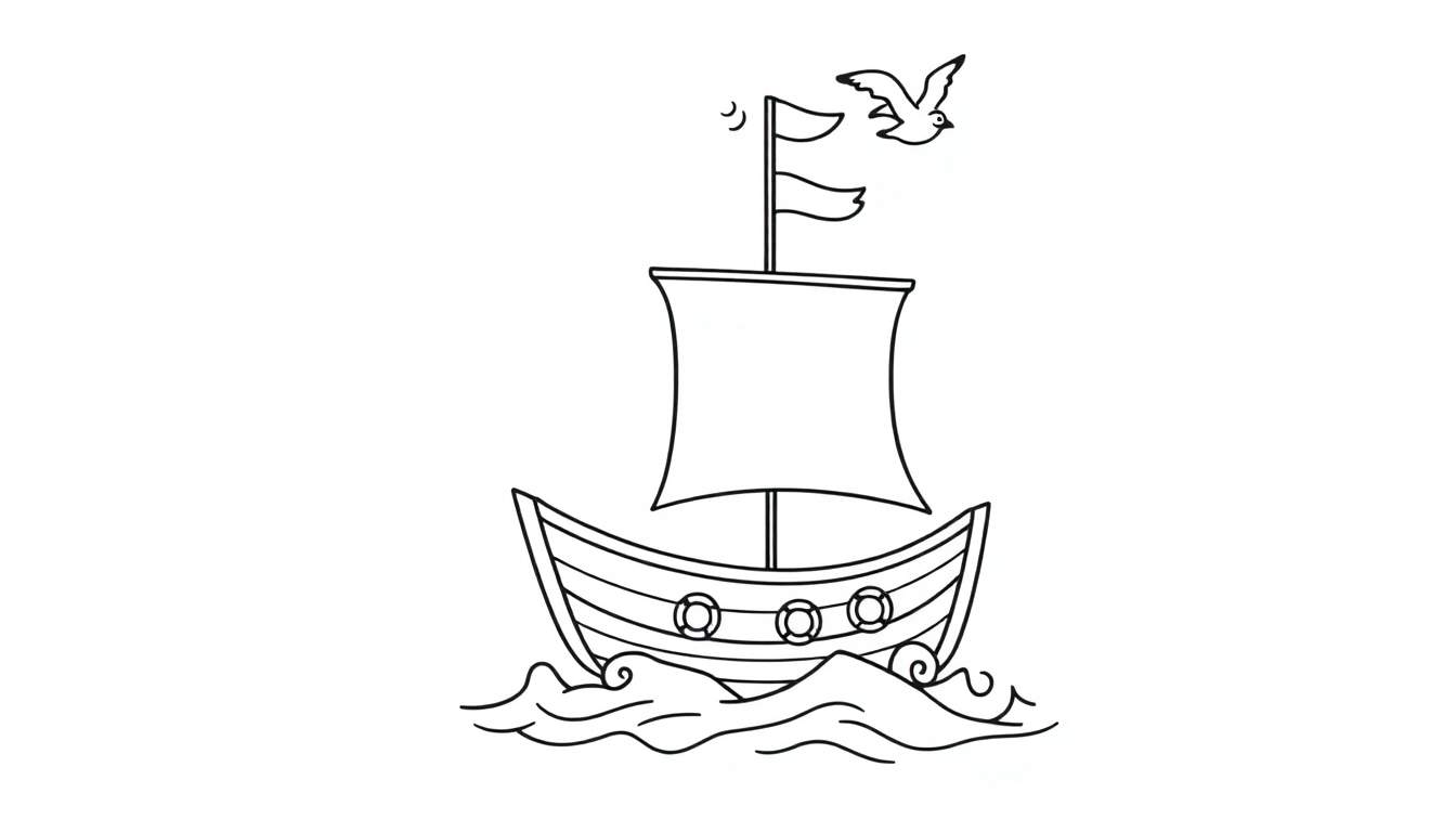 A simple black and white drawing of a boat with stripes and life preservers sailing on wavy water, with a seagull flying above.