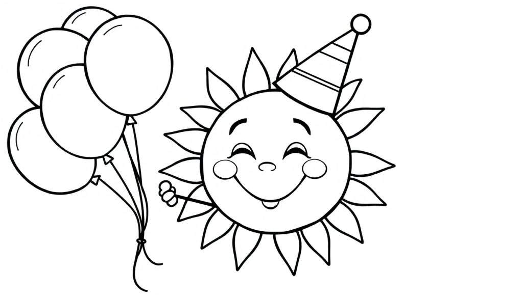A smiling sun wearing a party hat and holding balloons, ready to be colored in this fun color panel.