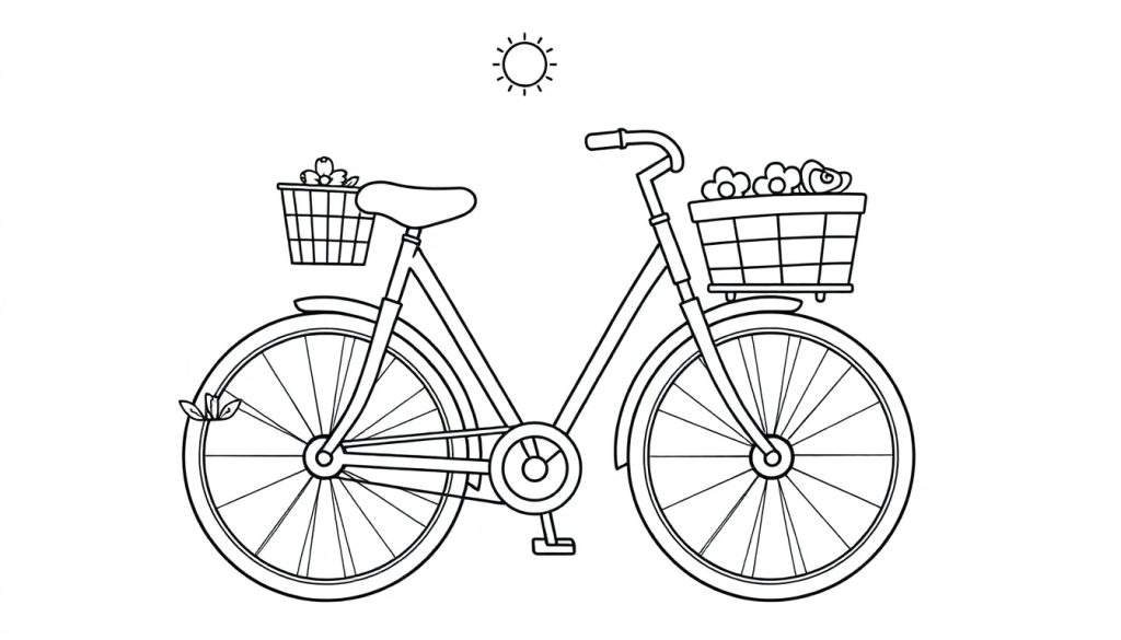 A black and white outline color panel of a friendly bicycle with big wheels and baskets filled with flowers, under a smiling sun.