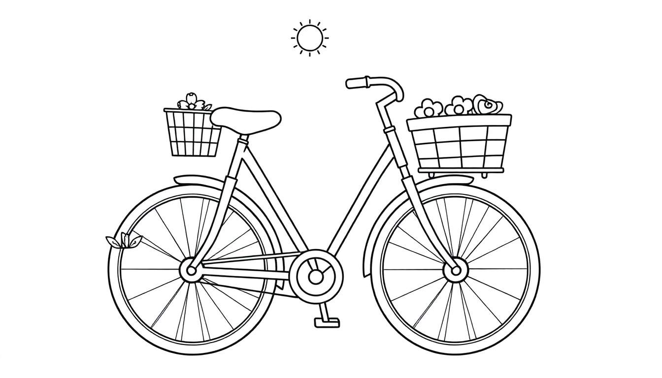 A black and white outline color panel of a friendly bicycle with big wheels and baskets filled with flowers, under a smiling sun.