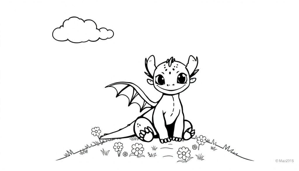 A baby dragon on a grassy hill with flowers, ready for coloring fun. Black and white outline, suitable as a color panel. © Maz2015.