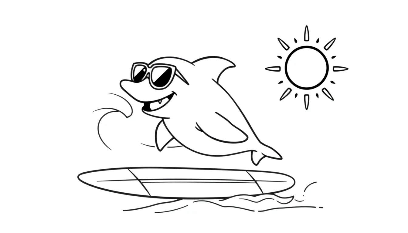 A happy dolphin wearing sunglasses surfs a wave under a bright sun, perfect for a color panel.