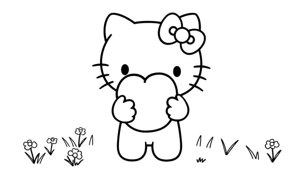 A simple black and white color panel of Hello Kitty holding a big red apple.